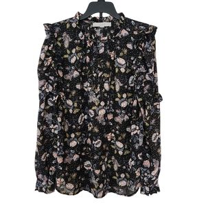Loft Women Top Blouse Black Ruffled With Flower Pattern Size XS